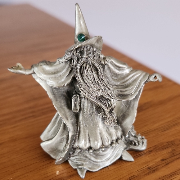 Mystical Silver Wizard Pewter Sculpture with Emerald Accent